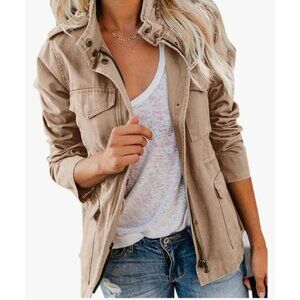 Pepochic Women's Light Khaki Military Style Jacket Snap Buttons Pockets Small
